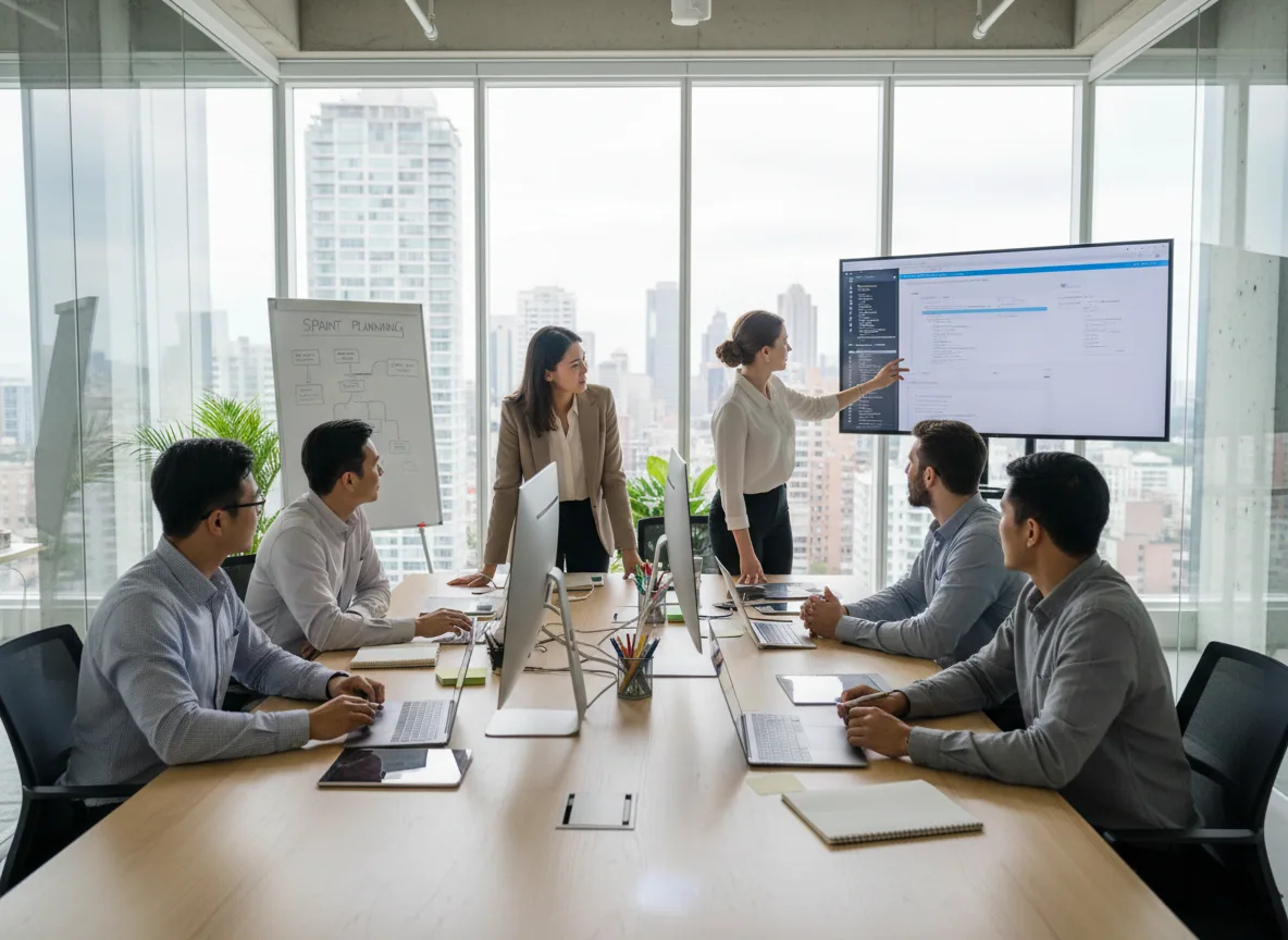 BlueRobotAI team reviewing an AI deployment plan in a meeting room